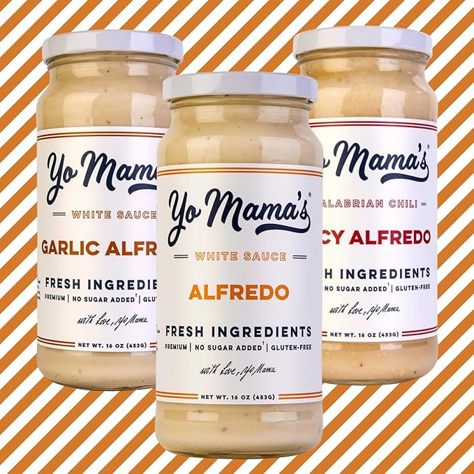 Yo Mama’s Foods Gourmet Keto Alfredo Pasta Sauces Variety Pack | (3) 16 Ounce Glass Bottles | Classic (1), Garlic (1) and Spicy (1) - 1 Count (Pack of 3)