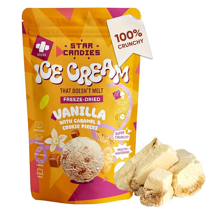 Star Candies Freeze Dried Ice Cream Vanilla Caramel Cookie | No Melting Freeze Dried Candy | Crunchy & Delicious Camping Food | Premium Astronaut Ice Cream | No Added Sugar | (2.5 oz)