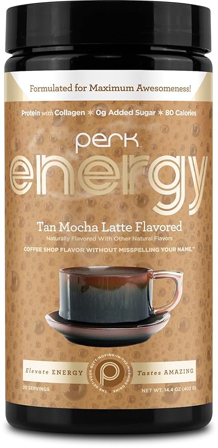 Perk Energy Original Tan Mocha Latte Flavored Drink Powder (20 Servings) - Gluten-Free, Peanut-Free, Soy-Free