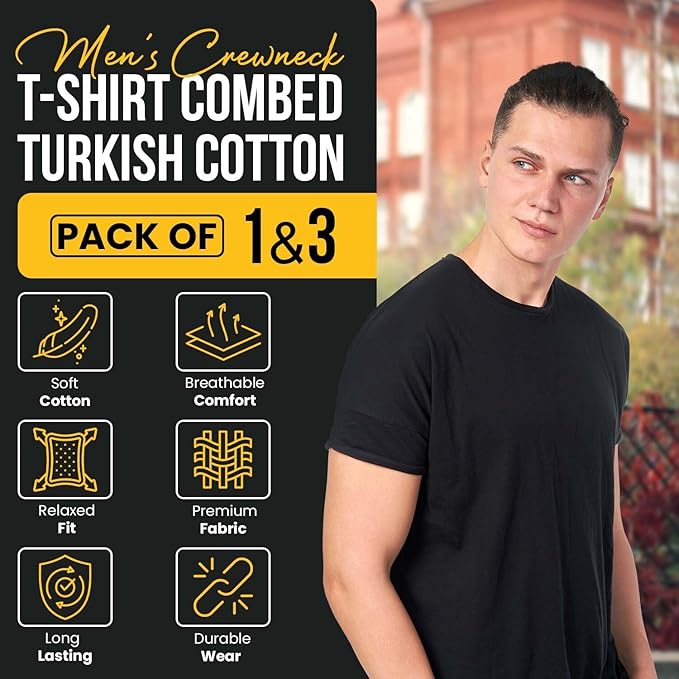 Men's Short Sleeve Crewneck T-Shirt 100% Cotton - Classic Colors - Breathable Mesh Fabric - Ideal for Sports & Everyday Wear