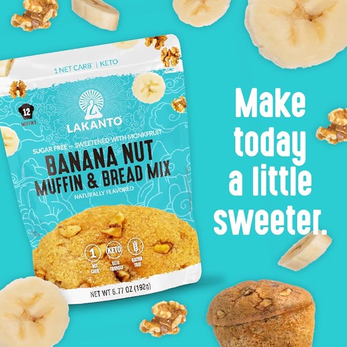 Lakanto Sugar Free Banana Nut Muffin and Bread Mix - Sweetened with Monk Fruit Sweetener, 2g Net Carbs, Gluten Free, Naturally Flavored, Keto Diet Friendly, Dairy Free (12 Muffins)