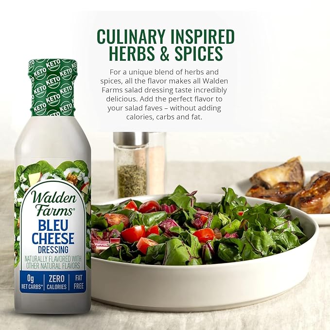 Walden Farms Bleu Cheese Dressing - Calorie-Free, Gluten-Free, Low Carb, Keto-Friendly, Sugar-Free, Rich Bleu Cheese Flavor, (12 oz Bottle x 6)