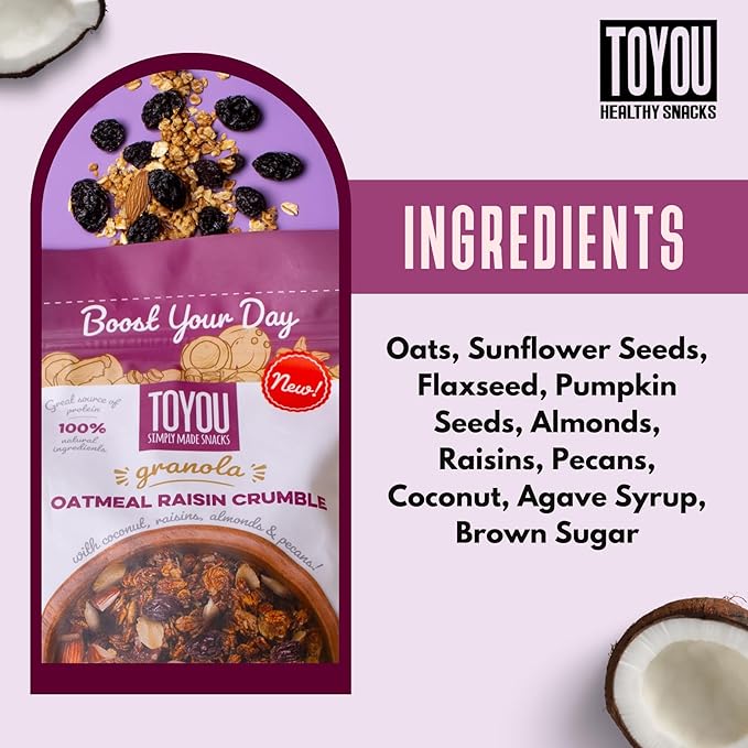 ToYou Snacks Granola, Fruit and Granola Cereal, | Oatmeal Raisin Crumble - 12 Ounce (Pack of 1) | Gluten Free, Plant Based, Vegan, Healthy Snacks for Adults and Kids, Breakfast Cereal with Protein and Fiber