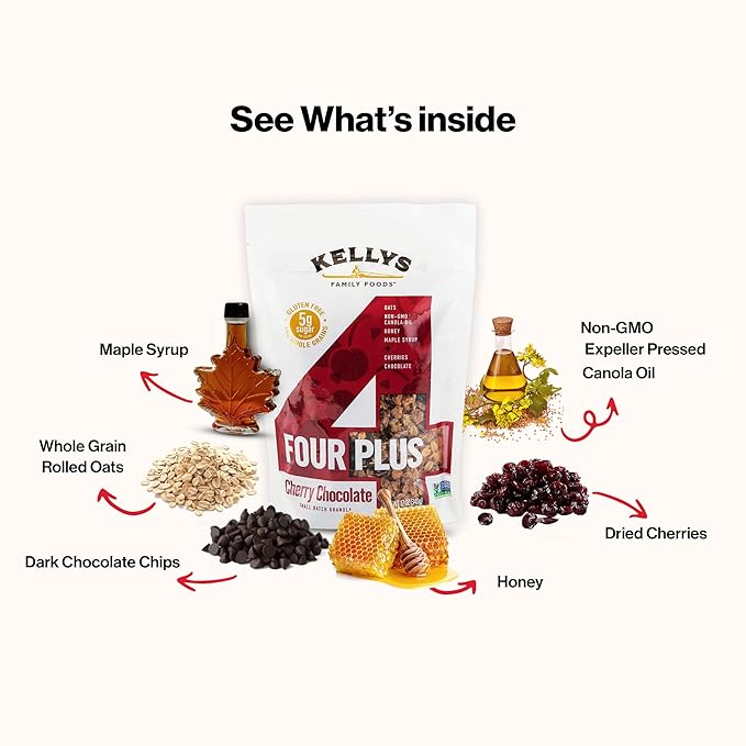 Kelly's Four Plus Granola (Variety Pack) Healthy Granola Cereal with Whole Grain Oats, Honey, Maple Syrup - Non-GMO, Low Sugar, Sodium Free and Gluten Free Granola for Yogurt - 12oz (Pack of 4)