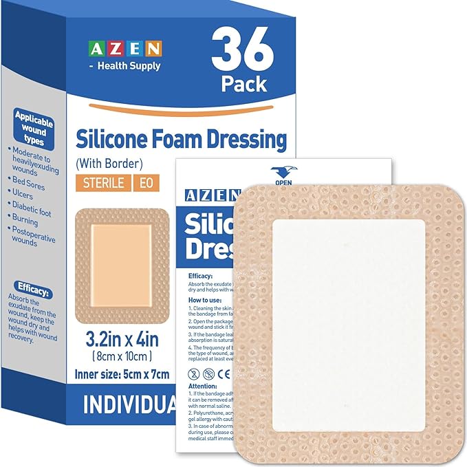 AZEN 36 Pack Silicone Foam Dressing, 3.2" X 4" Waterproof Silicone Bandages with Border Adhesive, Large Bandages for Wounds, Self Adhesive Wound Care and Dressings