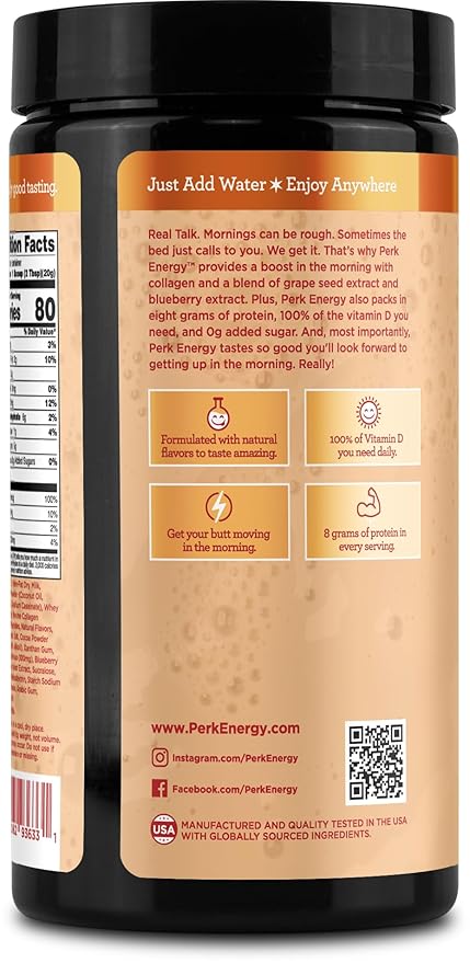 Perk Energy Original Vanilla Caramel Steamer Flavored Drink Powder (20 Servings) - Gluten-Free, Peanut-Free