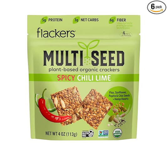 Flackers Organic Spicy Chili Lime Multi-Seed Crackers, 4 Ounce 6-Pack, Gluten Free, Non GMO, Vegan, Keto Snack, 5g Protein, 6g Fiber, 3g Net Carbs