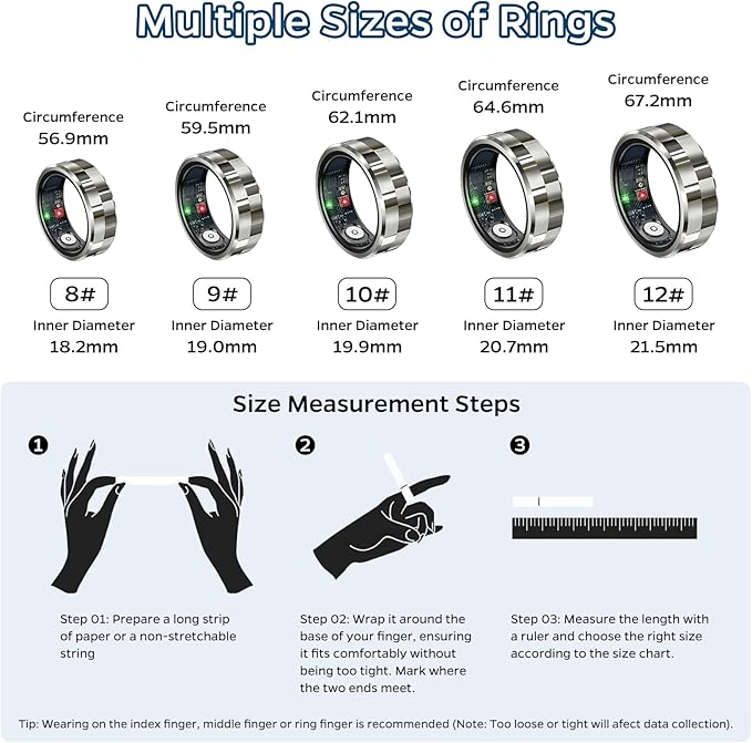 Smart Ring Health Tracker, Sleep Tracker Ring with Heart Rate, Waterproof Fitness Ring for Activity Monitoring/Steps/Distance/Calories,Air Gestures,Up to 7Day Battery,for iOS Android(Stylish Silver#8)