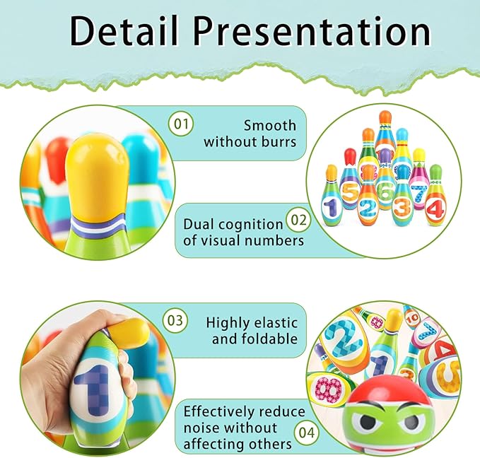 Kids Bowling Set Toy - 10PCS Soft Numbered Pins & 2 Foam Balls for Toddler Boys Girls Age 3-5, Indoor Outdoor Sports Game, Preschool Learning Toy, Birthday Gift for Ages 3 4 5 6