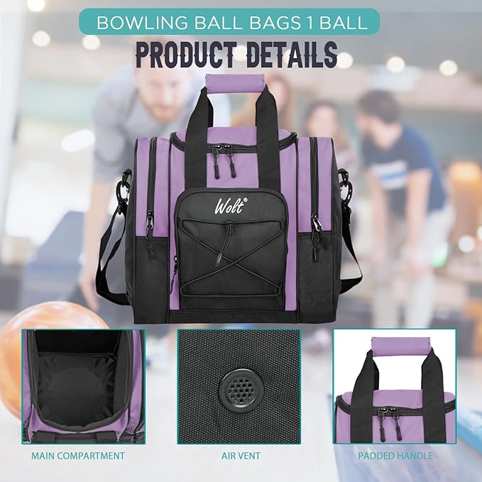 WOLT Bowling Ball Bag for Single Ball - Bowling Ball Tote Bag with Padded Ball Holder, 2 Pockets fit Bowling Shoes Up to Mens Size 14 and Accessories