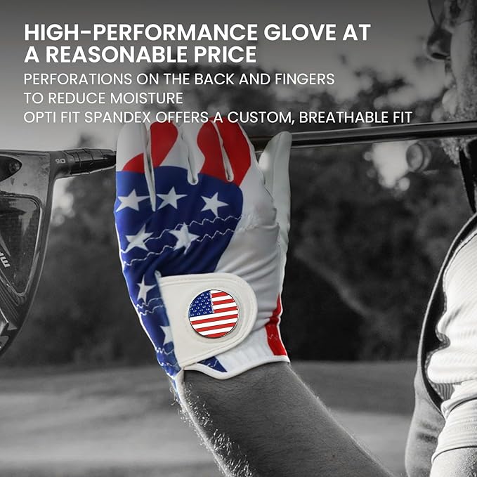 FINGER TEN Golf Gloves Men Left Hand Right with Ball Marker USA Flag Blue Camo Plaid Pack, Mens Leather Golf Glove All Weather Grip Small Medium ML Large XL