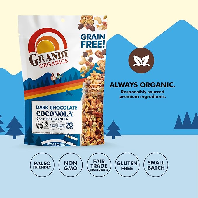 Grandy Organics Dark Chocolate Coconola Granola, Certified Organic Gluten Free Granola, Grain Free, Chocolate Flavored Coconola, Kosher Certified, Paleo Friendly, 9oz Each, Pack of 3