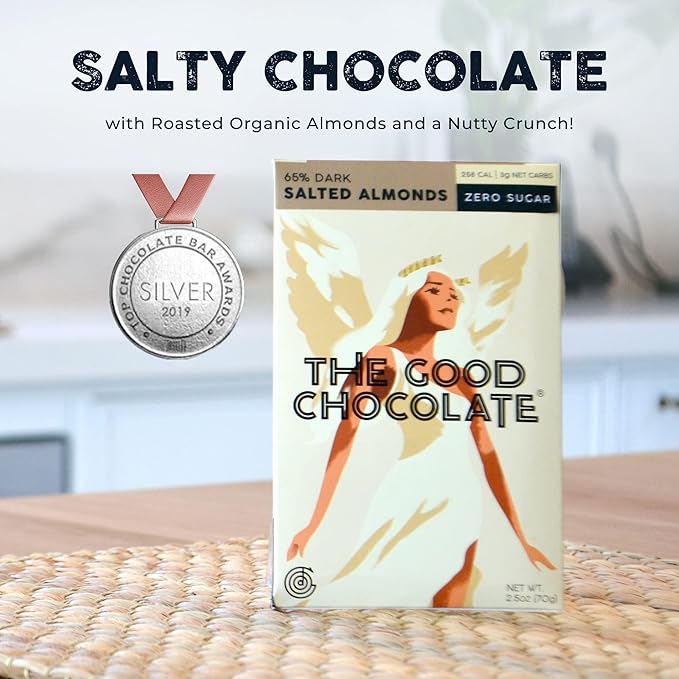 THE GOOD CHOCOLATE - Mini Salted Almonds Chocolate Bars with Zero Sugar & Lower Net Carb - Keto Chocolate Bar Offers Lower Calorie Chocolate Candy - All Natural Non-GMO (Pack of 10)