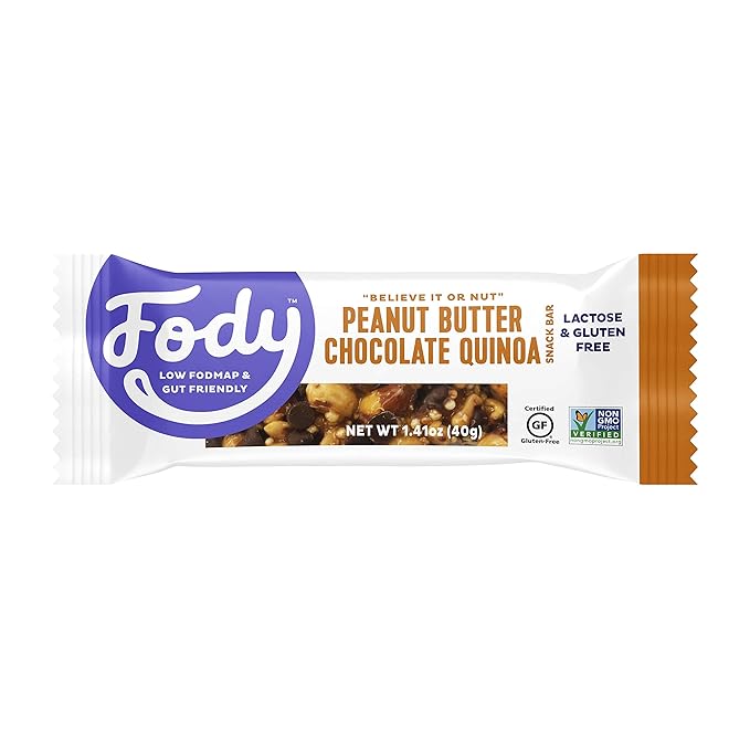 Fody Foods Snack Bars, Peanut Butter Chocolate Quinoa, 1.41 Oz (Pack of 12), 6g Protein, Low FODMAP, Gut & IBS Friendly, Vegan, Lactose Free, Non-GMO, Gluten Free