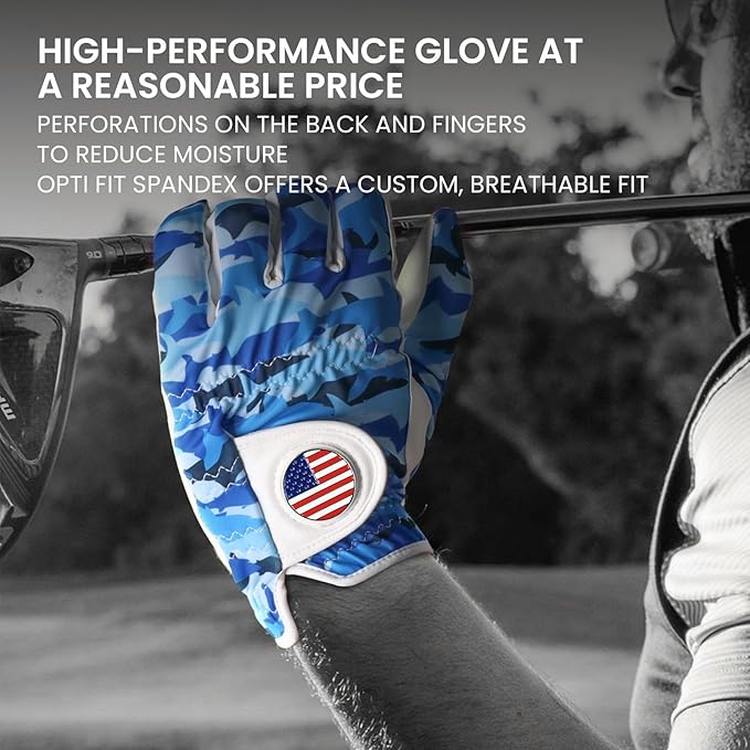 FINGER TEN Golf Gloves Men Left Hand Right with Ball Marker USA Flag Blue Camo Plaid Pack, Mens Leather Golf Glove All Weather Grip Small Medium ML Large XL