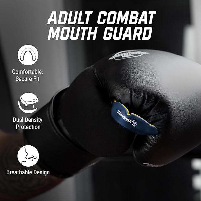 Hayabusa Combat Sports Mouth Guard Youth, Kids and Adult Sizes Comes with Case - Blue/Yellow, Adult