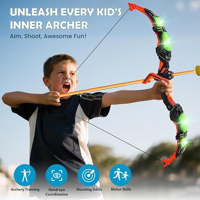 VATOS 2 Pack Bow and Arrow Toy with LED Light - 4 in 1 Archery & Dart Game Set with 20 Suction Cup Arrows, Shark Glow Target & Dart Board - Indoor/Outdoor Birthday Gift for Kids Boys Girls Ages 5-12