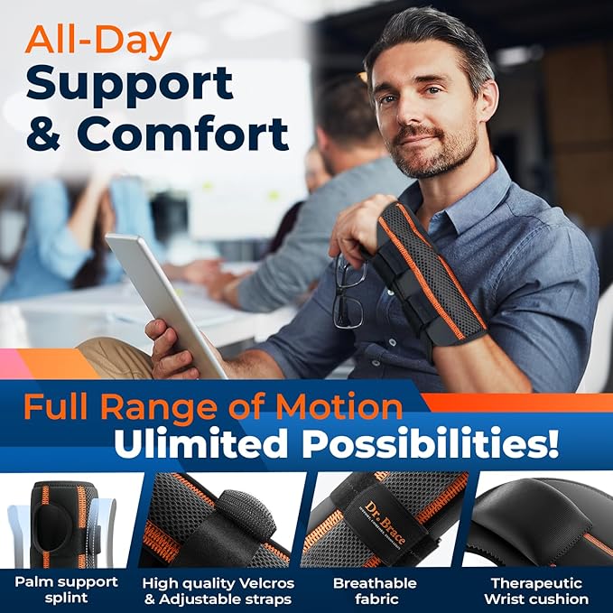 DR. BRACE Adjustable Wrist Brace Night Support for Carpal Tunnel, Doctor Developed, Upgraded with Double Splint & Therapeutic Cushion, Hand Brace For Pain Relief, Injuries, Sprains