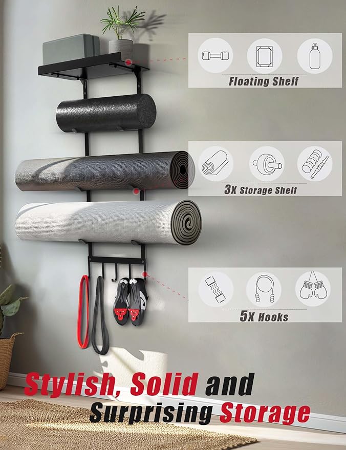 Yoga Mat Holder Wall Mount, Home Gym Storage Rack with Top Flating Shelf, 4-Tiers Holding Yoga Mat/ Blocks/ Rollers and Decorations, 5 Hooks for Resistance Bands, Skipping-Rope, Small Gym Equipment