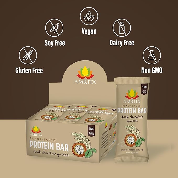 Amrita Nut Free Vegan Protein Bars (12 CT PK of 3) | Dark Chocolate Quinoa 15g Plant-Based Protein Bar | Peanut-Free, Gluten Free, and Dairy-Free | No Added Sugar, Healthy Snacks for Kids/Adults