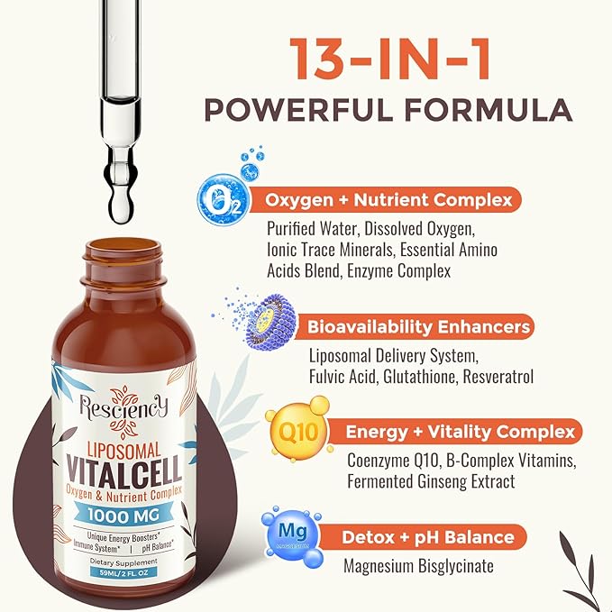 13-in-1 Liquid Oxygen & Nutrient Supplement for Energy, Altitude Support, Performance, Antioxidant, Immune, Fatigue & Detox, Liposomal for High Absorption, pH Balance, Organic, Gluten Free, 4 Fl Oz