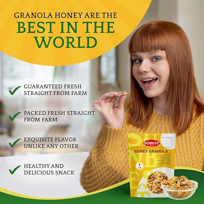 Sunbest Natural Honey Granola – 5 lb Bulk Bag (80 oz) – Whole Rolled Oats, Delicious & Crunchy – Kosher, Low Calorie, High Fiber, Non-GMO – Great for Snacks, Travel & Parties