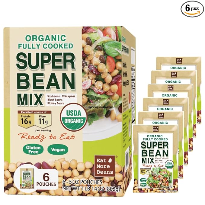 【Eat More Beans】Organic Fully Cooked Super Bean Mix, steamed bean, healthy salad toppings, plant-based protein, vegan, organic, non-GMO, Edamame, Chickpeas, Black Beans, Kidney Beans (5oz, 6packs)