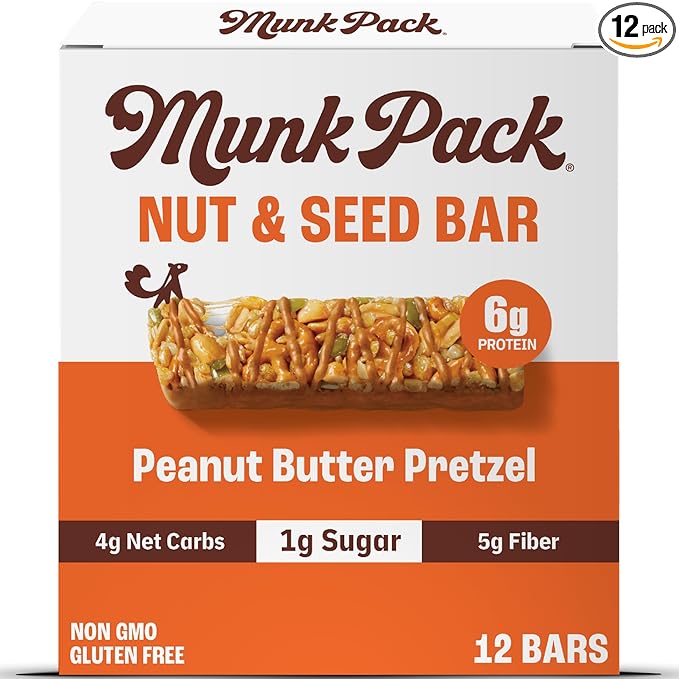 Munk Pack Nut & Seed Snack Bar - 6g Protein, 1g Sugar, 3g Net Carbs, Low Sugar, Keto, and Gluten Free Snack for Adults and Kids, Peanut Butter Pretzel – 4.92 oz, 12 Pack