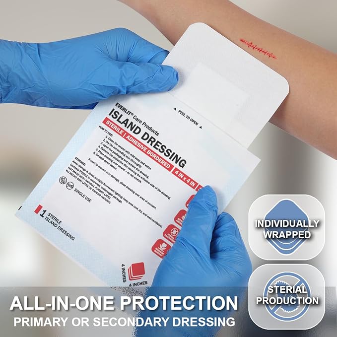EVERLIT Island Dressing Bordered Gauze | Large Wound Care Bandage with Adhesive Border| Sterile, Soft & Highly Absorbent Medical Grade Dressing Pad (4x4 Inch (Pack of 50))