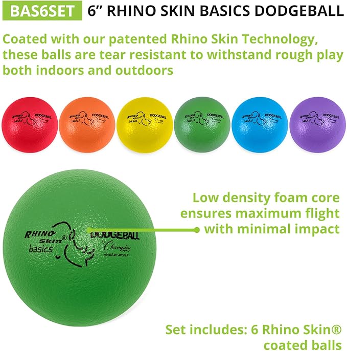 Champion Sports Rhino Skin Dodgeball Set – 6 Soft Foam Dodgeballs with Tear-Resistant Coating, Grip Surface, Low Bounce, Mesh Bag, Indoor & Outdoor Playground or PE Class Ball Set – 6” or 7”