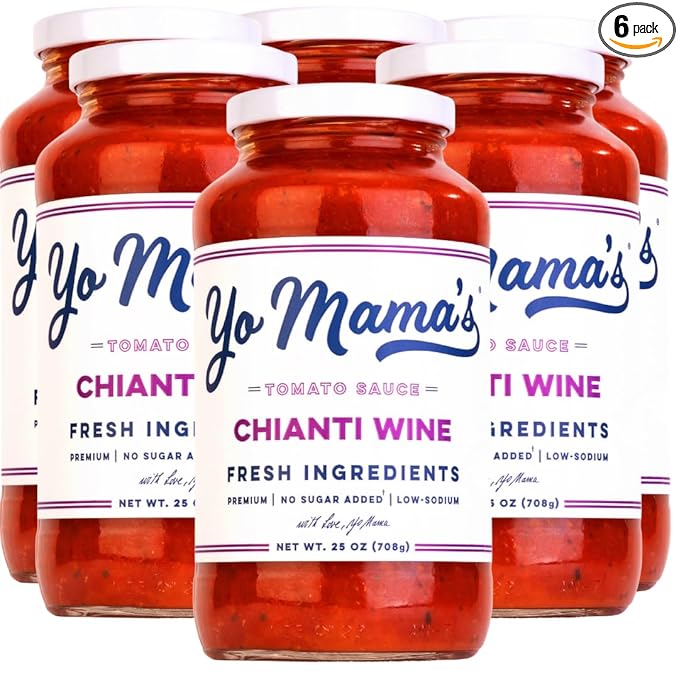 Keto Chianti Wine Pasta Sauce by Yo Mama's Foods, No Sugar Added, Low Carb, Low Sodium, Gluten Free, Paleo Friendly, and Made with Whole, Non-GMO Tomatoes, 25 Ounce (Pack of 6)
