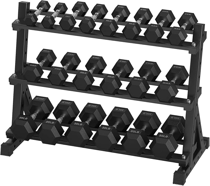 Hex Dumbbell Sets with Rack, 300-670 lb Rubber Encased Exercise & Fitness Dumbbells Set, Hand Weight for Strength Training, Weight Dumbbells