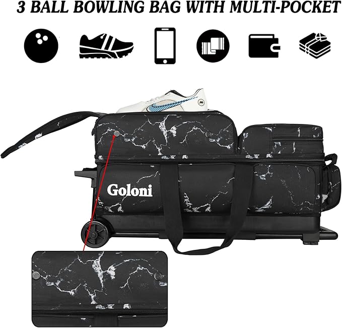 Goloni 3 Ball Bowling Bags with Wheels - Rolling Bowling Bag for 3 Balls & Accessories - Retractable Handle Extends to 38