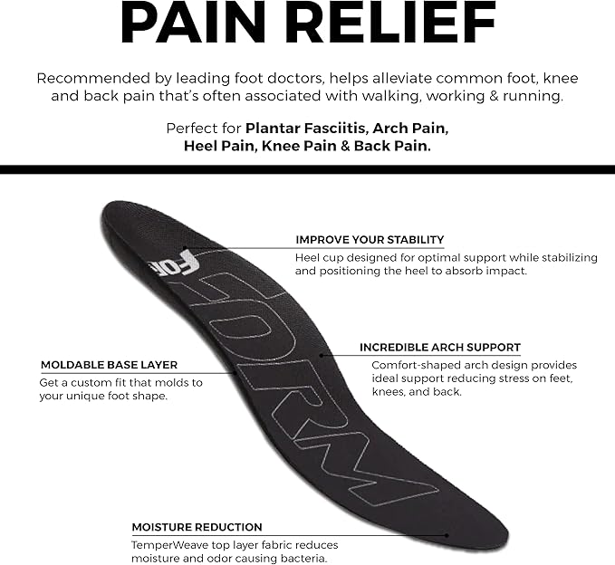 Ultra-Thin Plantar Fasciitis Insoles Designed for Comfort & Maximum Pain Relief, Ideal for Dress Shoes & Boots | Black (Men's 12-12.5)