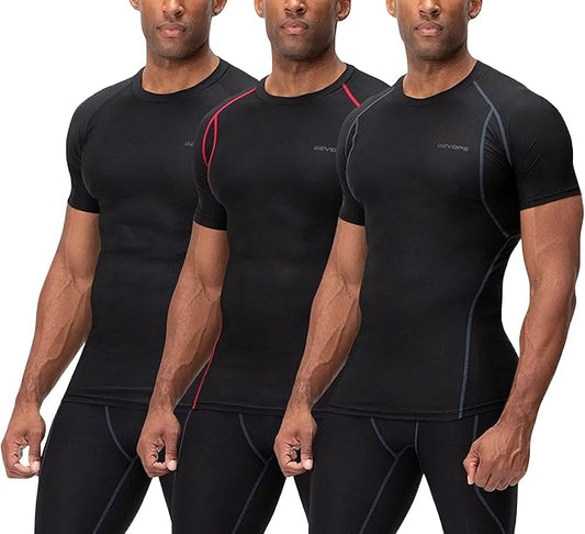 DEVOPS 3 Pack Men's Cool Dry Short Sleeve Compression Shirts, Sports Baselayer T-Shirts Tops, Athletic Workout Shirt