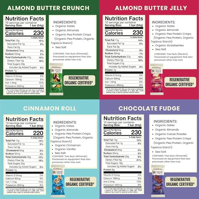 Bearded Brothers Organic Vegan Energy Bars - Gluten & Soy Free, Paleo, Whole 30 | Non GMO, Low Glycemic, High Protein, Fiber (10 Pack, Regenerative Organic Certified Variety Pack)