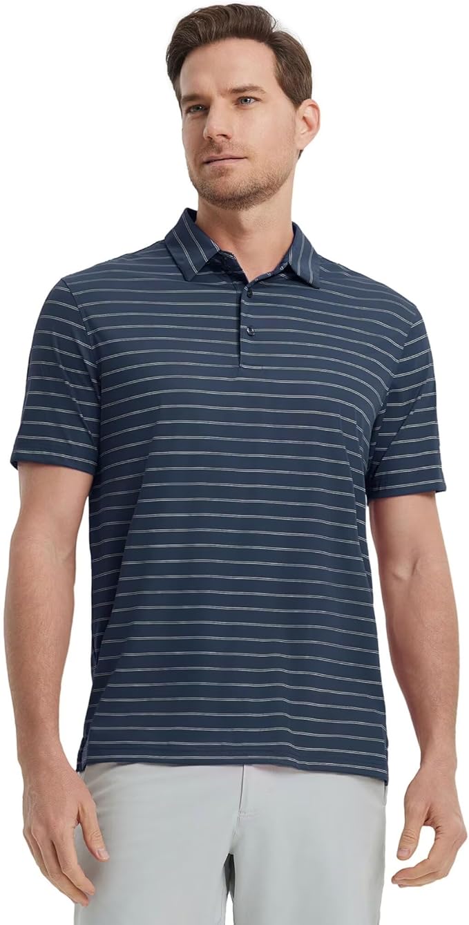 M MAELREG Mens Striped Golf Shirts Short Sleeve Silk-Like Touch Water-Resistant Breathable Soft Collared Polo Shirts for Men