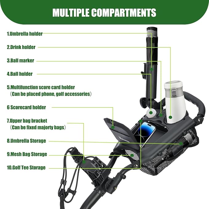 Golf Push Cart Series: 2-Wheel, 3-Wheel, 4-Wheel & 360° Swivel Front Wheel