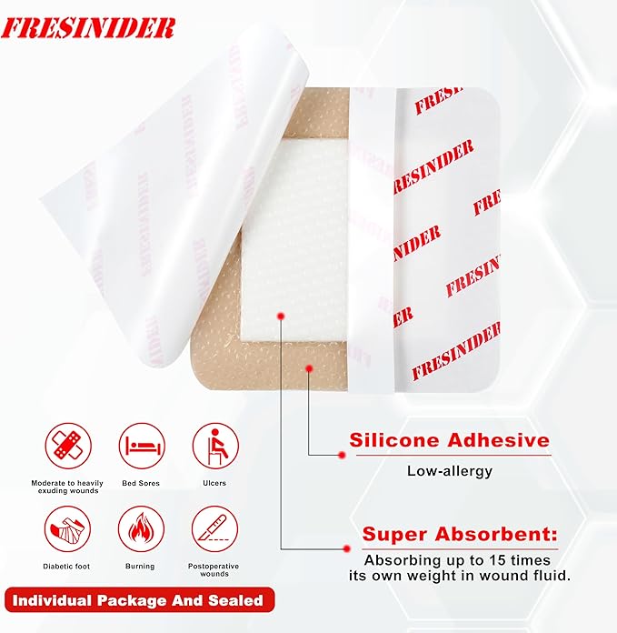 Silicone Foam Dressing with Adhesive Border – Wound Dressing Bandage – Silicone Foam Pad – Pack of 20 – 4 x 4 Inches Large Waterproof Bandages – Self Adhesive Wound Care and Dressings