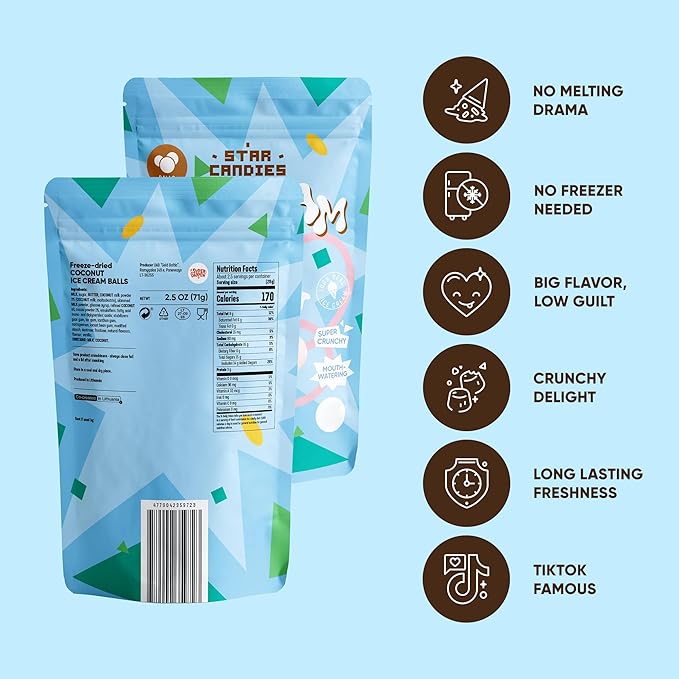 Star Candies Freeze Dried Coconut Ice Cream Scoops | No Melting Freeze Dried Candy | Crunchy & Delicious Camping Food | Premium Astronaut Ice Cream loved by Kids and Adults (2.5 oz)