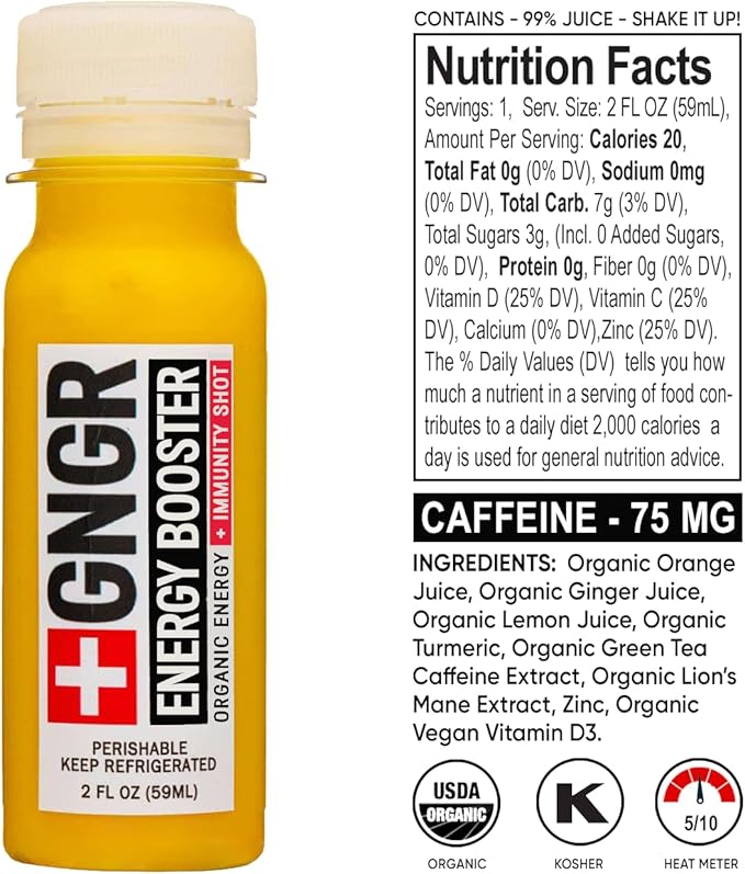 +GNGR Energy Booster & Immunity Shot, Cold-Pressed Ginger Shots with Lions Mane, 75mg of Natural Caffeine Green Tea, Turmeric Root, Vitamin D & Zinc for All Natural Immune Support (2 Oz, Pack of 12)