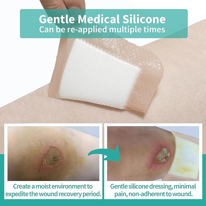 Silicone Foam Dressing with Border Adhesive - Large Absorbent Waterproof Bandage for Wound Care, Foot Diabetic Ulcer, Leg Ulcer, 3" x 3", 10 Pack