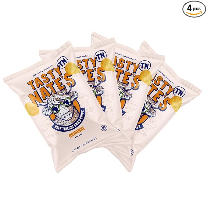 Tasty Nate’s Beef Tallow Potato Chips - Original Sea Salt, Fried in 100% Beef Tallow - Seed Oil Free Chips, Paleo Snacks for Adults, 7oz Bag - Pack of 4