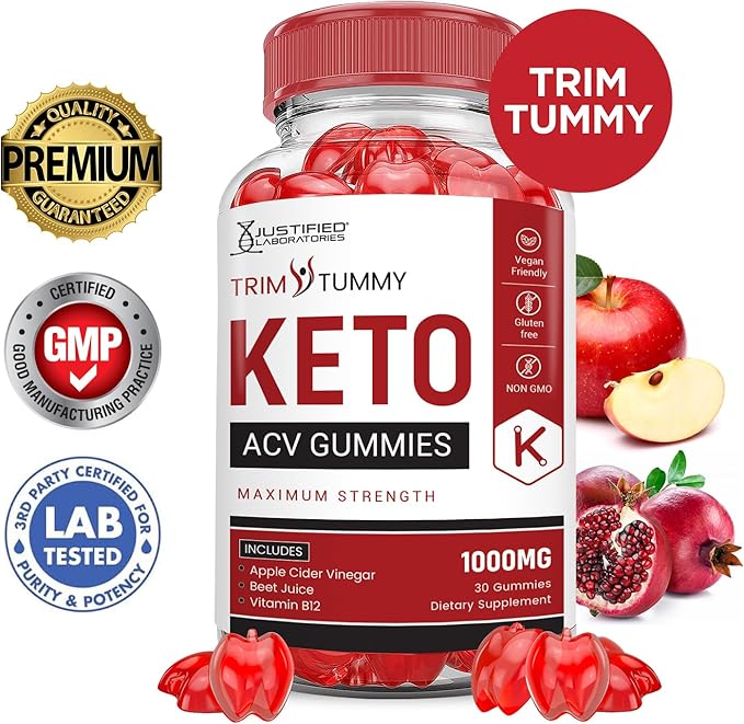 Justified Laboratories Trim Tummy Keto ACV Gummies Advanced Formula 1000MG Trim Tummy Keto Gummies Apple Cider Vinegar Formulated with Pomegranate Beet Juice Powder B12 Vegan Non GMO 60 Gummys