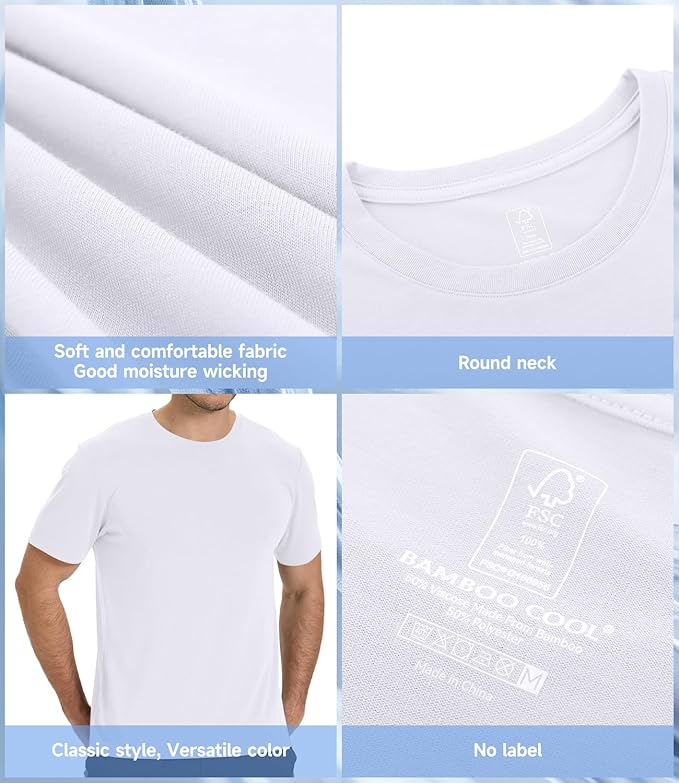 BAMBOO COOL Men's Crewneck T-Shirts Short Sleeve Heavy Weight Tees Athletic Casual Basic T Shirt