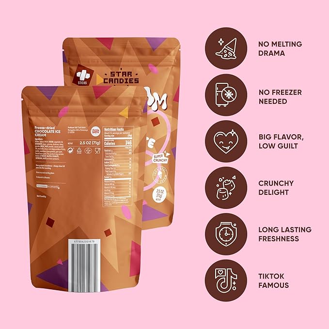 Star Candies Freeze Dried Chocolate Ice Cream Chocolate | No Melting Freeze Dried Candy | Crunchy & Delicious Camping Food | Premium Astronaut Ice Cream loved by Kids and Adults | Space and Astronaut Snack | Gift Set for Birthday or Party (7.5 oz; 3 pack)
