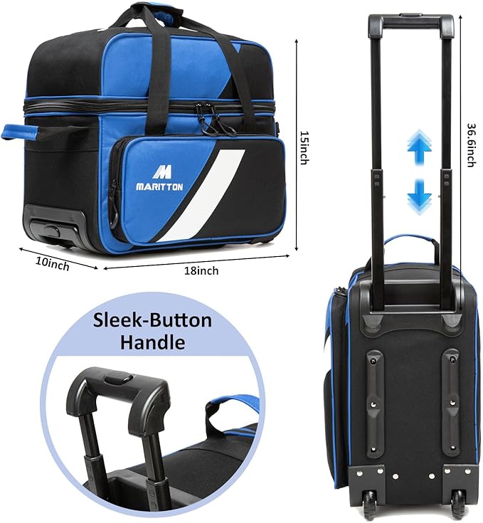Bowling Bag with Wheels Double Roller 2 Ball Bowling Separate Shoe Compartment and Oversized Accessory Pocket, 36.6" Extendable Handle.