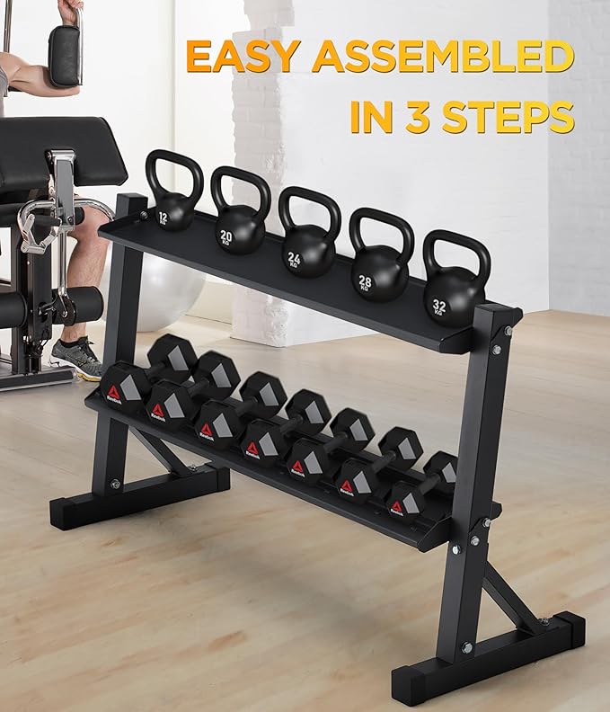 2-Tier 48" Dumbbell and Kettlebell Rack for Home Gym, 1000LBS Weights Storage for Free Weights, Dumbbells, Kettlebells and Medicine Ball
