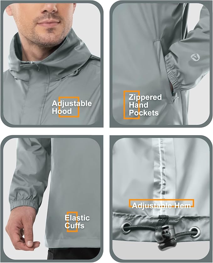 Outdoor Ventures Men's Rain Jacket Waterproof Lightweight Packable Rain Pullover for Hiking Golf Running