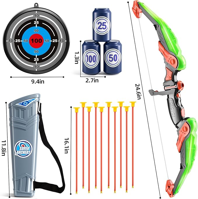 Kids Bow and Arrow Set, LED Light Up Archery Toy Set with 10 Suction Cup Arrows,Target & Arrow Quiver, Bow and Arrows Set Toys Gift for 3 4 5 6 7 8 9 10 11 12 Year Old Kids Boys Girls (Green)